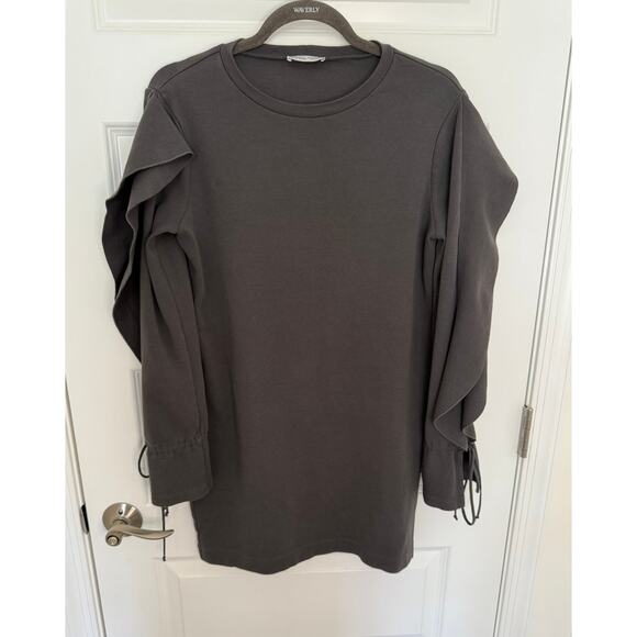 Zara Woman Basic Gray Long Sleeve Tunic Top Ruffle Sleeve Open Tie Cuff Size M - Picture 1 of 5